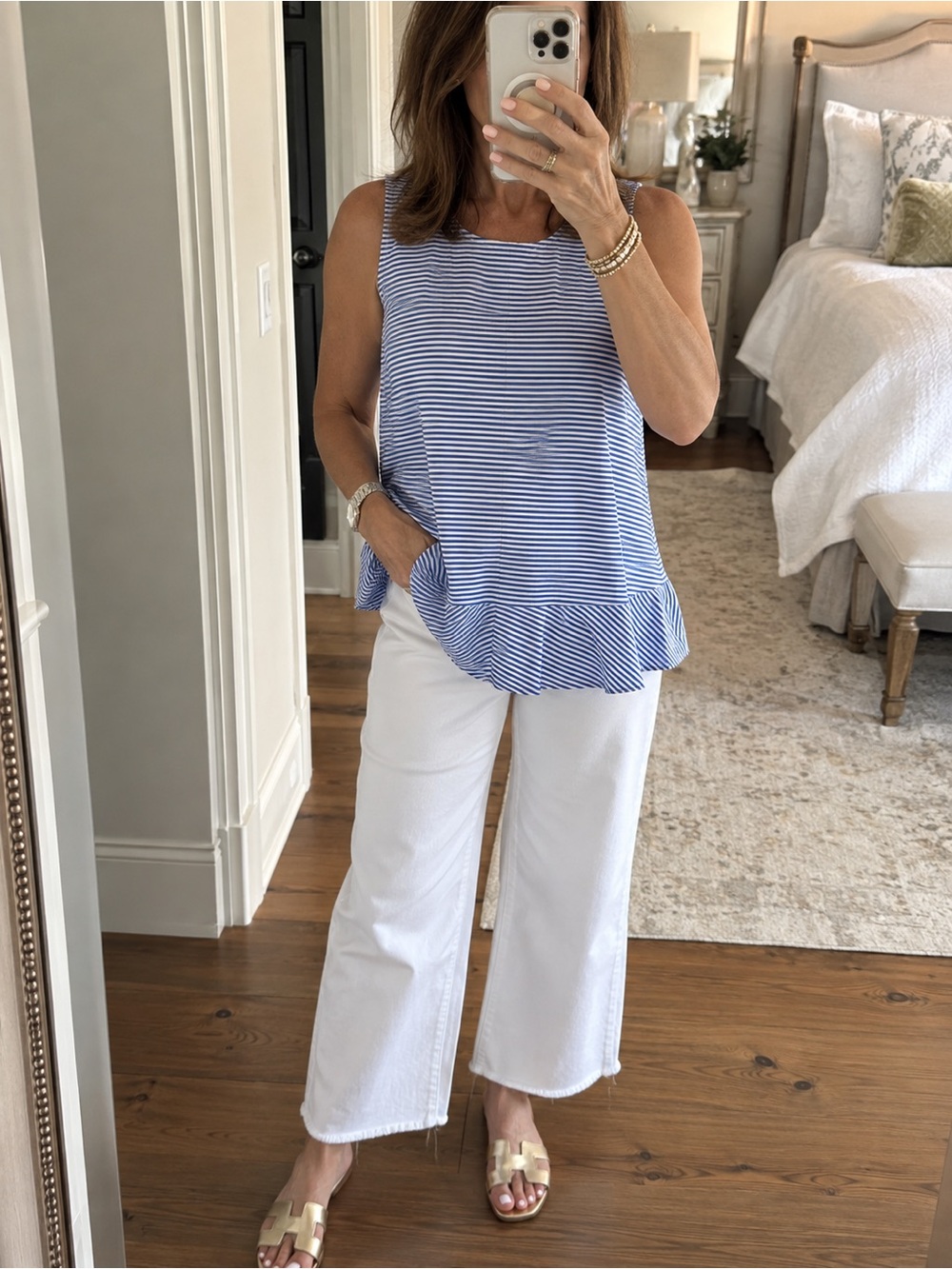 Tommy Hilfiger Blue Striped Ruffle-Hem Tank with White Wide-Leg Pants